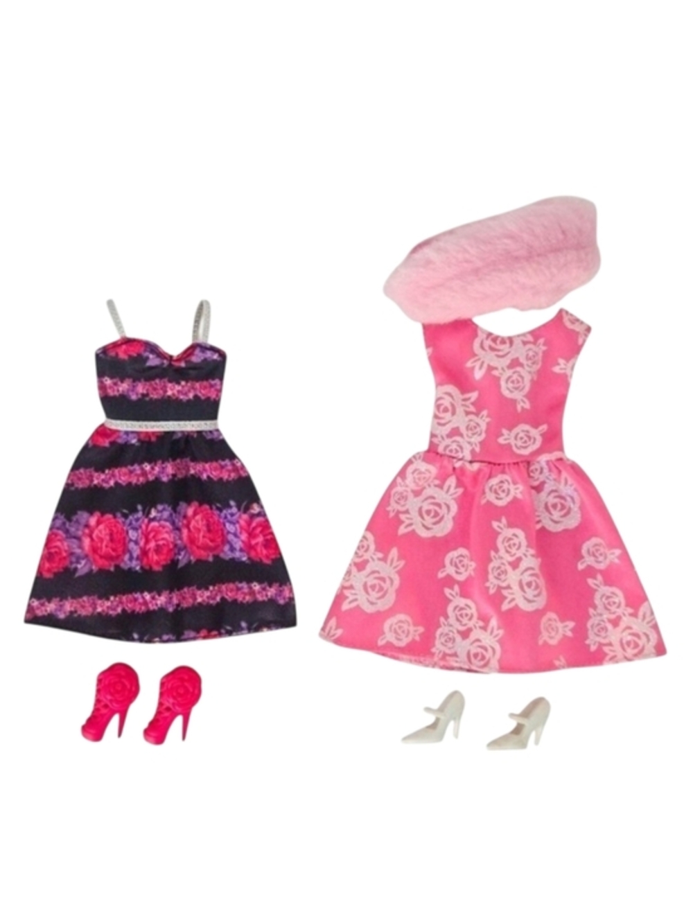 Barbie‎ Pink Floral Party Dresses & Shoes (Set of 2)- Doll Outfit Clothes Lot